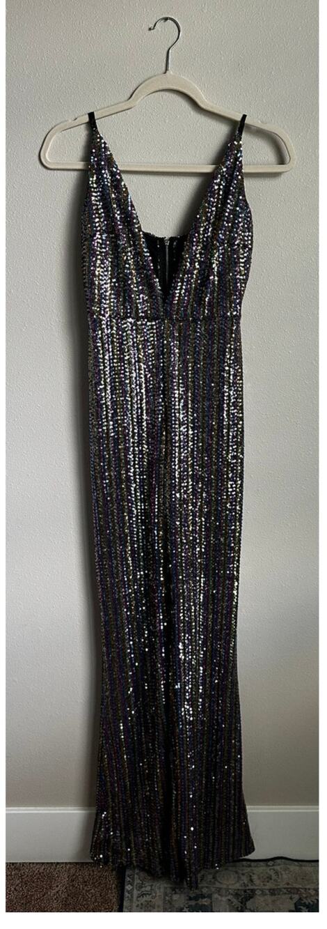 GOODTIME USA Black Rainbow Sparkle Plunge V Bell Bottom Jumpsuit Size S